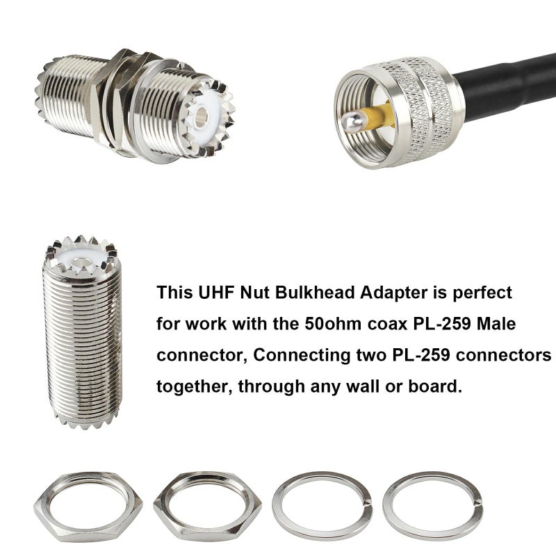 eifagur, 4pcs PL-259 Bulkhead Connector UHF Female to UHF Female Adapter SO-239 Nut Bulkhead Panel Mount CB Radio Adapter Connector - Image 4
